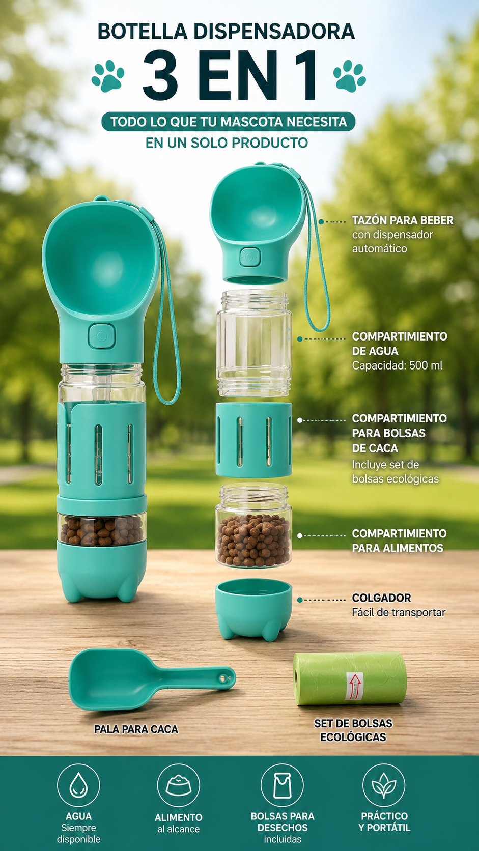 Botella Dispensadora 3 En 1 Para Mascota