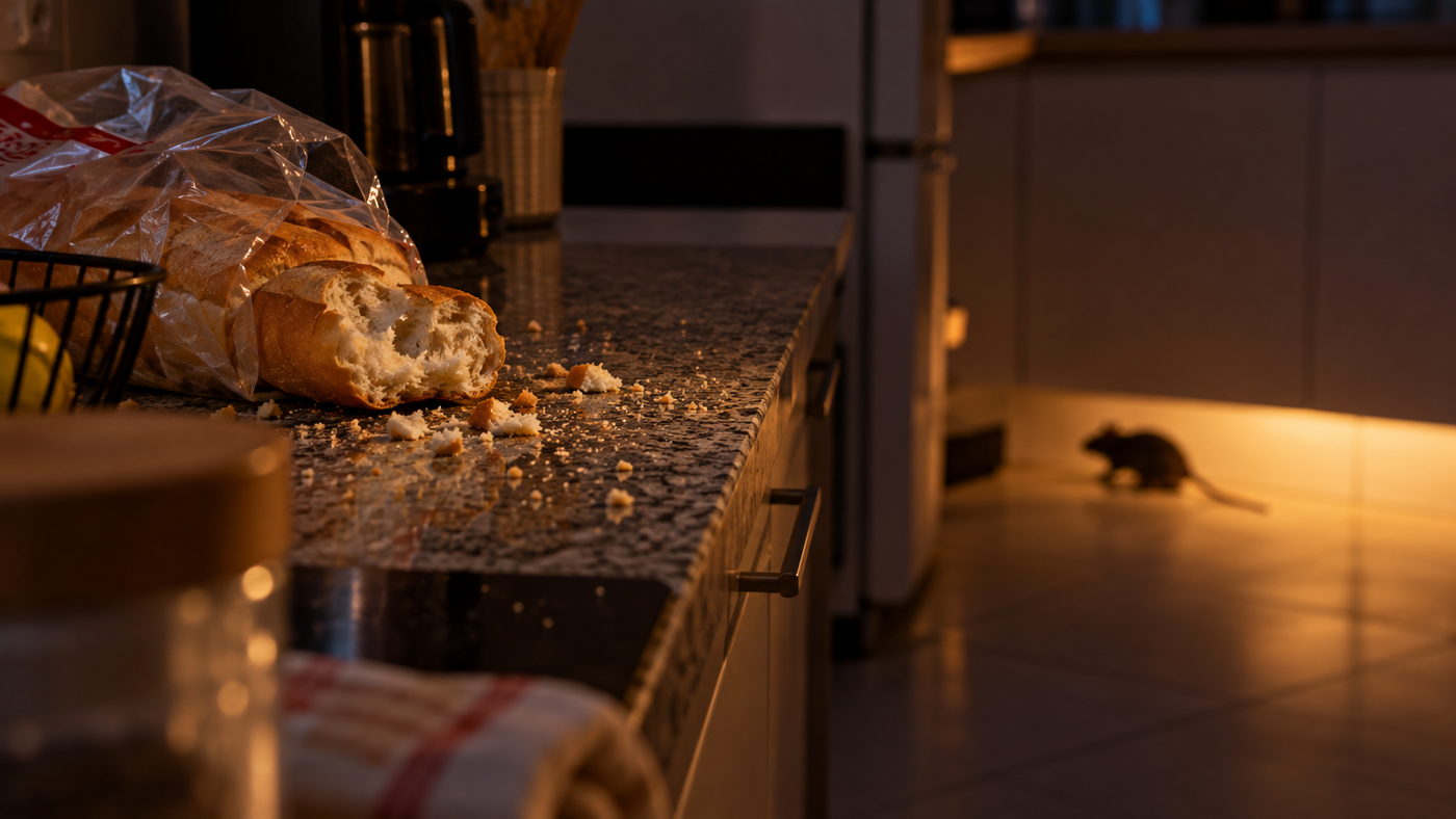 Cocina de noche con migas y un ratón