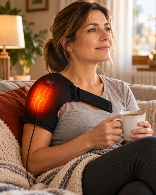 Mujer usando la hombrera térmica HombroRelax Pro en el sillón